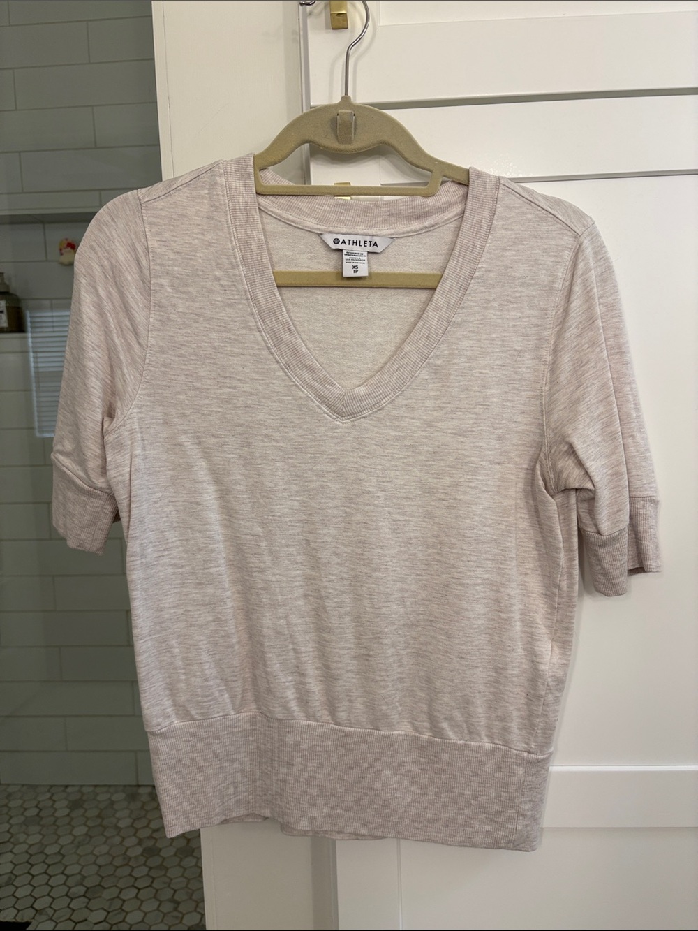 Athleta Short-Sleeve V-Neck Pullover in Soft Beige